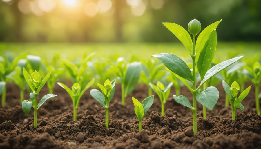 Soil moisture sensor probe installed in dark organic farm soil