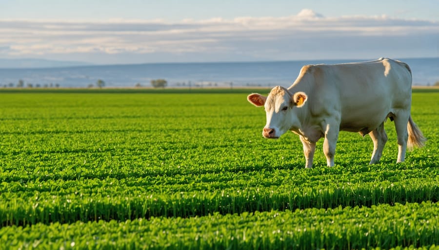 Rancher walking through healthy green pasture with cattle grazing on successful Alberta operation