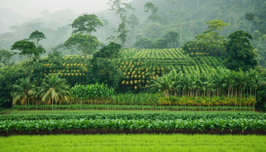 Aerial view of tropical agroforestry system showing multiple crop layers including tall palms, medium shrubs, and ground crops