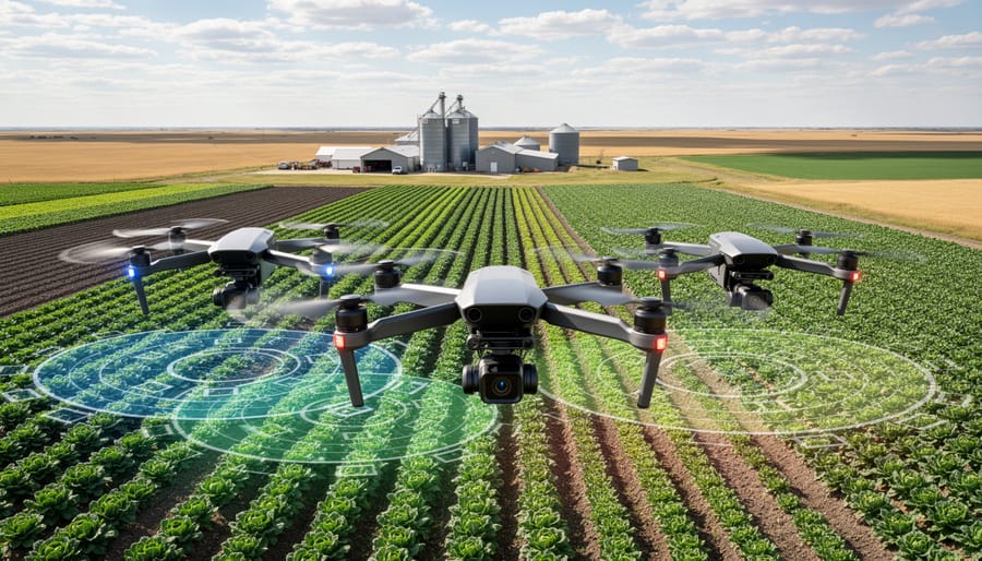 Agricultural drone with camera flying over green organic crop field in Alberta