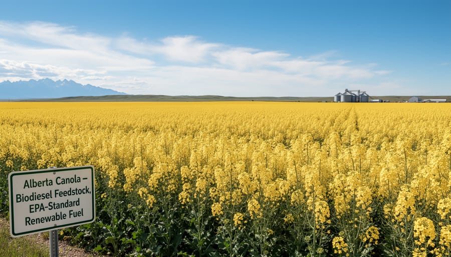 Expansive canola field in bloom with farm equipment in Alberta