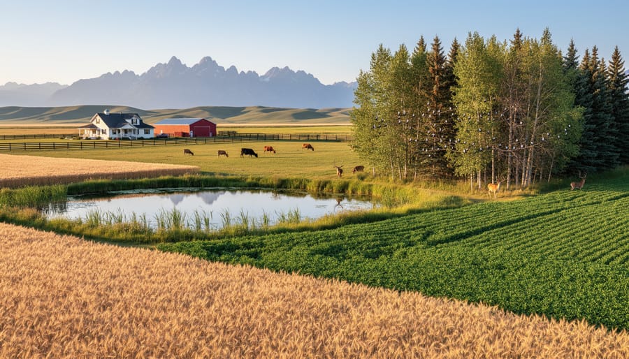 Aerial view of Alberta farmland showing diverse agricultural landscape with fields, shelterbelts, and natural areas