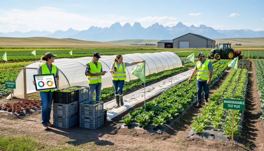 Alberta farmer inspecting crops protected by biodegradable farm structure