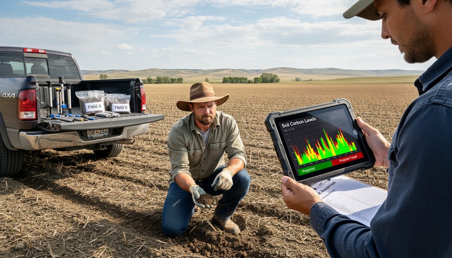 Farmer's hands holding dark soil sample over prairie farmland