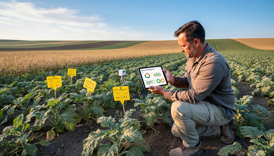 Prairie farmland in Alberta showing crop pest damage on canola plants