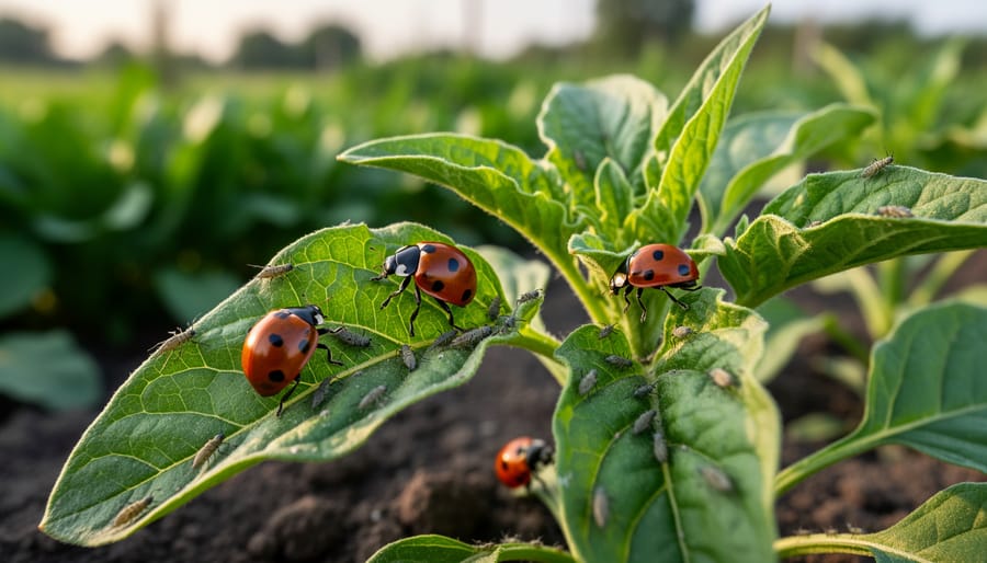 Close-up of ladybug beetle on wheat stem providing natural pest control