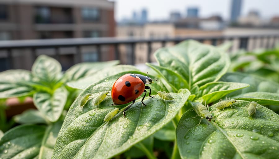 Ladybug beetle on kale leaf hunting aphids as natural pest control