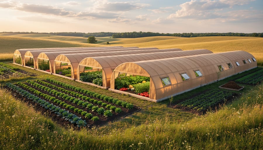 Biodegradable row cover protecting diverse vegetable crops on Alberta farm