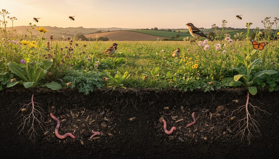 Close-up of farmer's hands holding rich dark soil with visible organic matter and earthworms