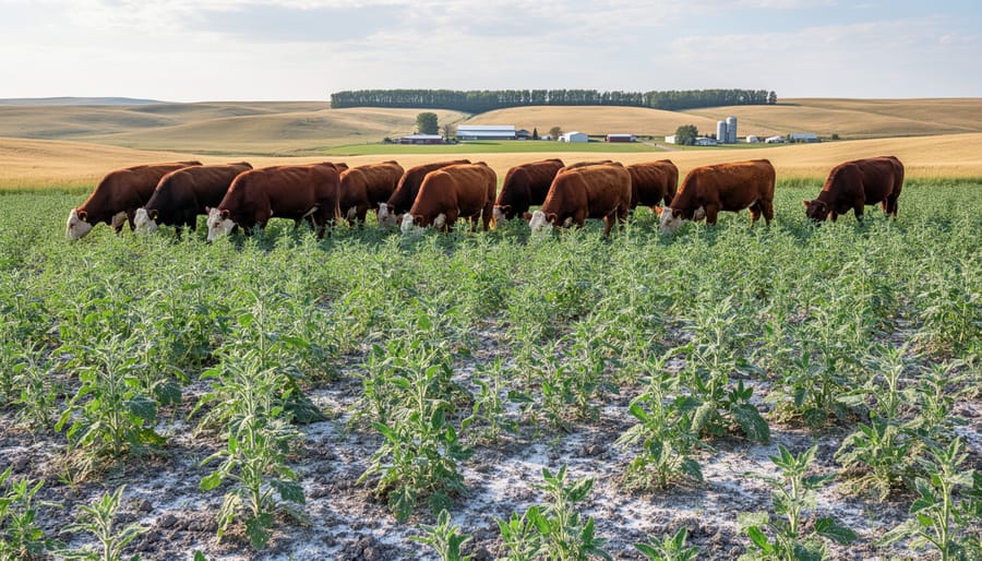 Cattle grazing on healthy pasture of salt-tolerant forage crops