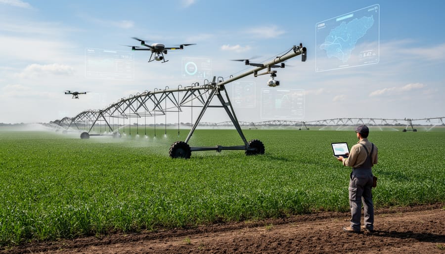 Center pivot irrigation system operating over organic crop field in Alberta