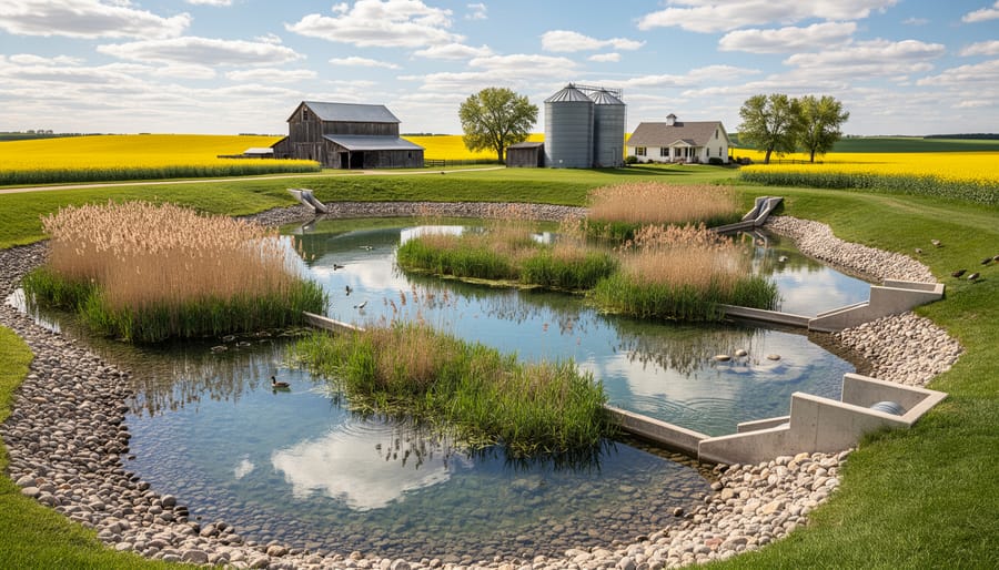 Engineered wetland system treating farm wastewater with native plants and aeration equipment