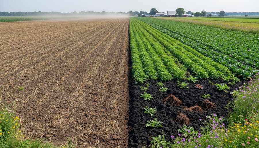 Split agricultural field showing conventional tilled soil versus no-till cover cropped soil in Alberta