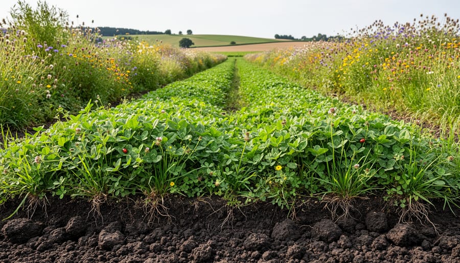 Diverse cover crop with flowering plants growing in Alberta farm field