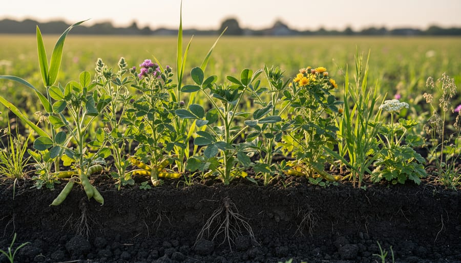 Mixed cover crops including clover and grasses with visible root systems in soil