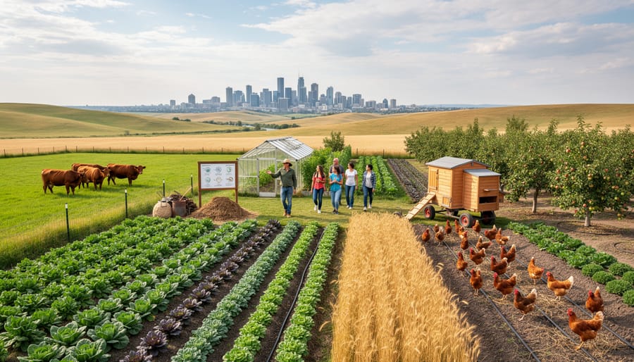 Aerial view of farm education group walking through diverse vegetable garden rows