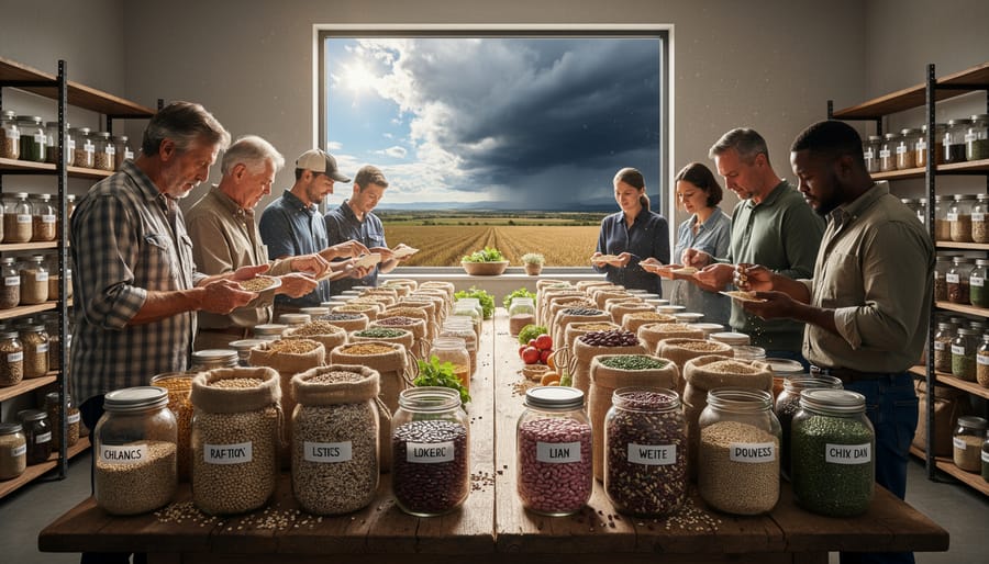 Farmer's hands holding variety of heirloom seeds and seed packets