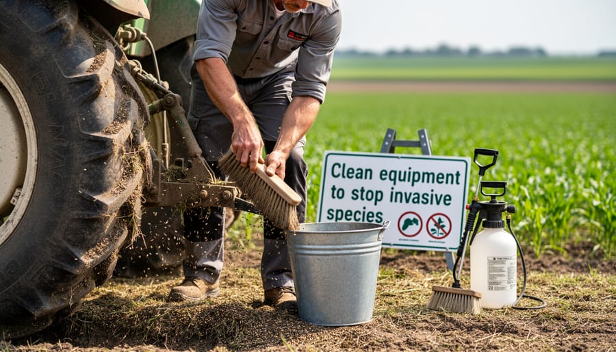 Farmer pressure washing agricultural equipment to prevent invasive species spread