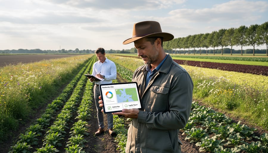 Farmer using tablet device to document farming practices while standing in agricultural field