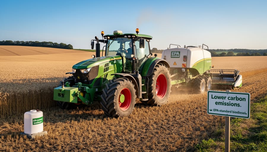 Farm tractor operating in field showing exhaust emissions