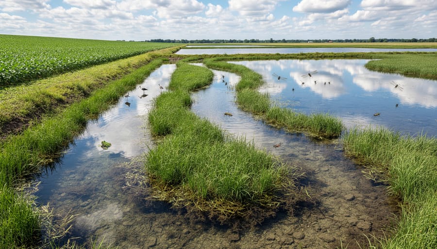 Natural wetland with native vegetation on Alberta farmland providing water filtration and habitat services