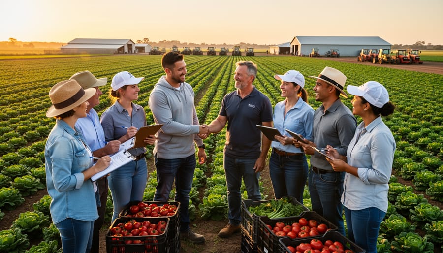 Diverse group of farm workers standing together in agricultural field