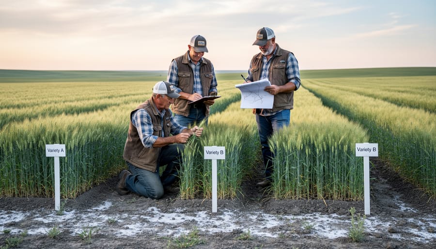 Farmer examining barley crop in field, inspecting plant health and growth