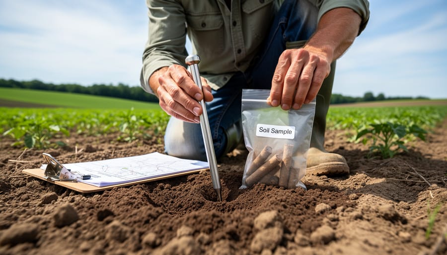 Farmer collecting soil sample with probe in organic crop field on prairie landscape