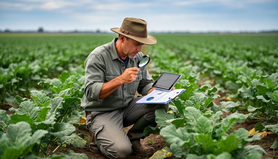 Alberta farmer monitoring crops and checking for pest activity in field