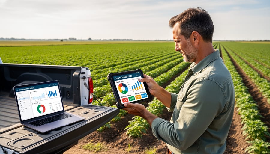Farmer using tablet technology in cover crop field