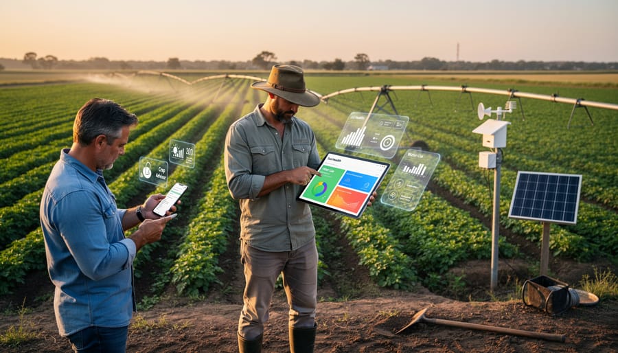 Alberta farmer using tablet device while standing in wheat field during golden hour