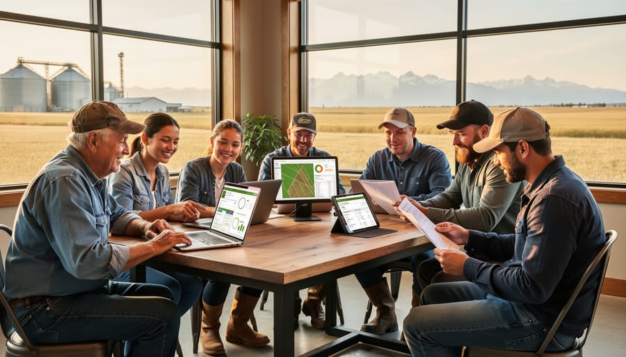 Group of farmers collaborating with laptop and documents at community meeting
