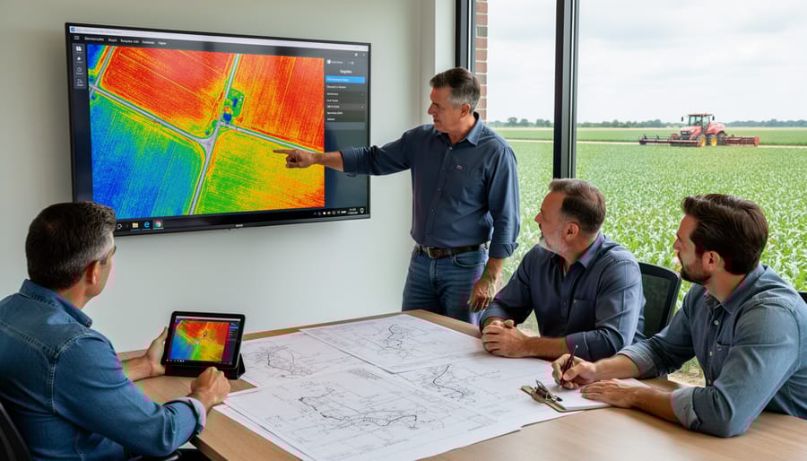 Farmer viewing thermal field mapping data on tablet in agricultural field
