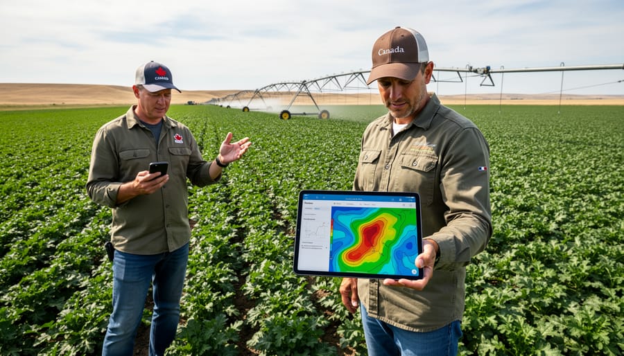 Farmer holding tablet showing field moisture data while standing in irrigated cropland