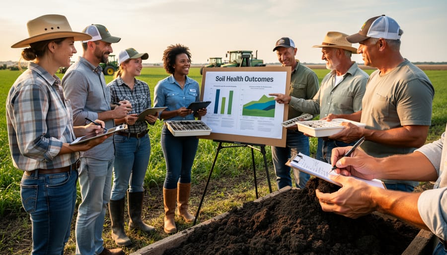 Group of farmers discussing and examining soil samples together at community meeting