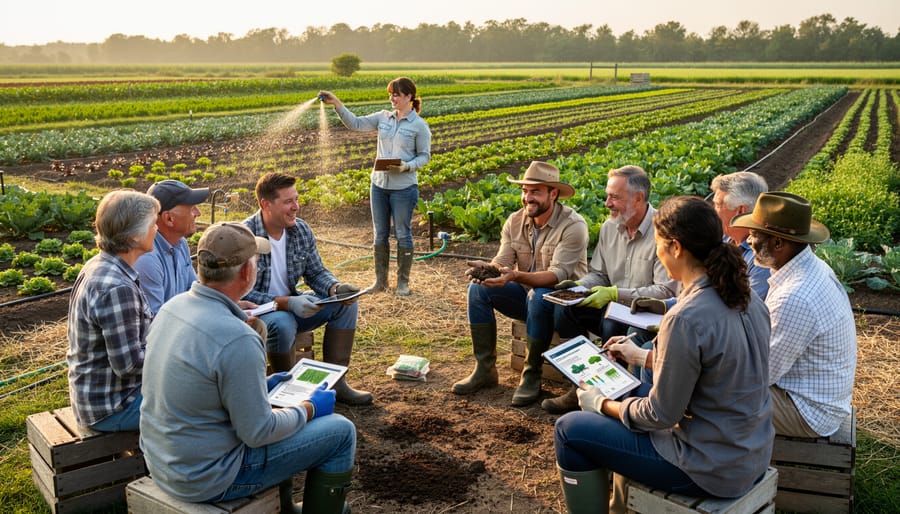 Group of diverse Canadian farmers collaborating around tablet at outdoor farm table