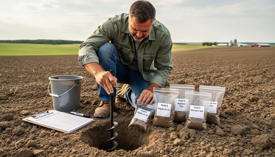 Farmer's hands holding soil sample in aluminum container with wheat field in background