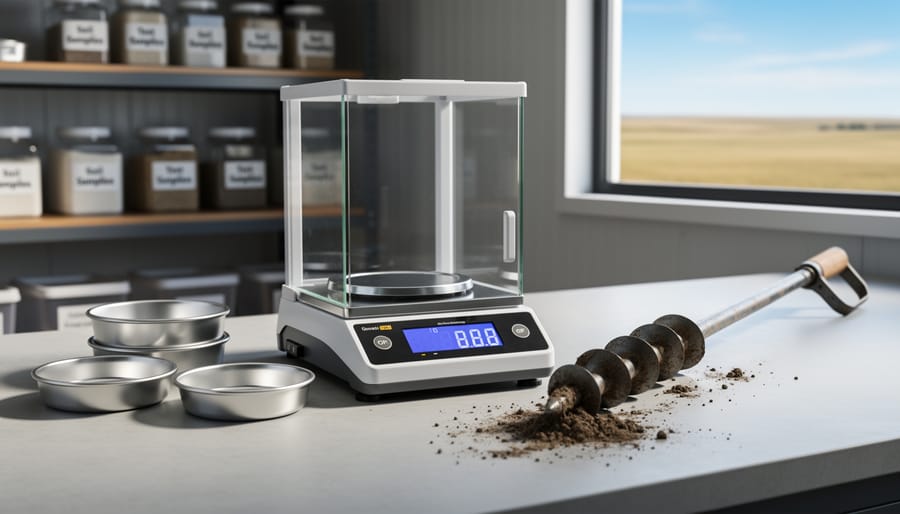 Gravimetric soil moisture testing equipment including digital scale and aluminum sample containers