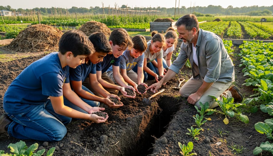 Close-up of hands holding rich soil with earthworms on working farm