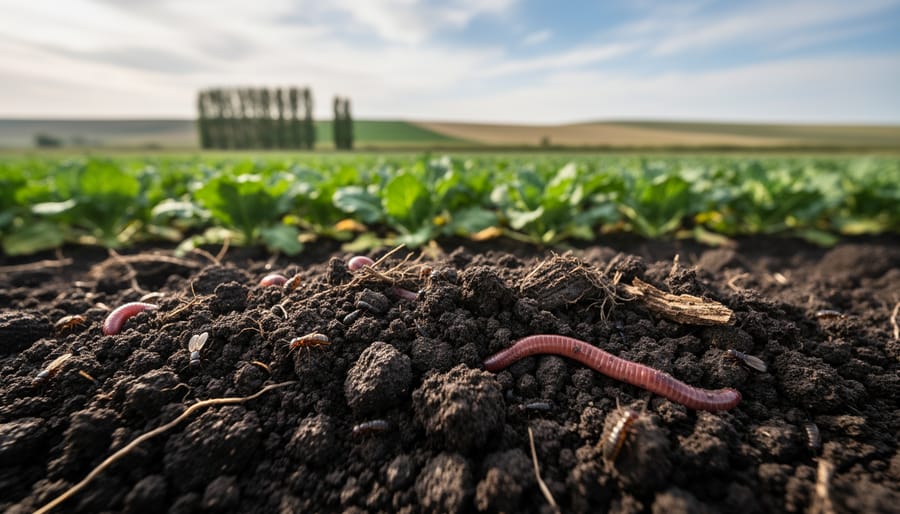 Farmer's hands holding rich dark soil with visible earthworms and organic matter