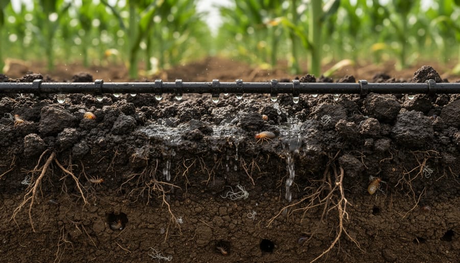 Close-up of healthy organic soil showing roots, earthworm, and proper moisture content