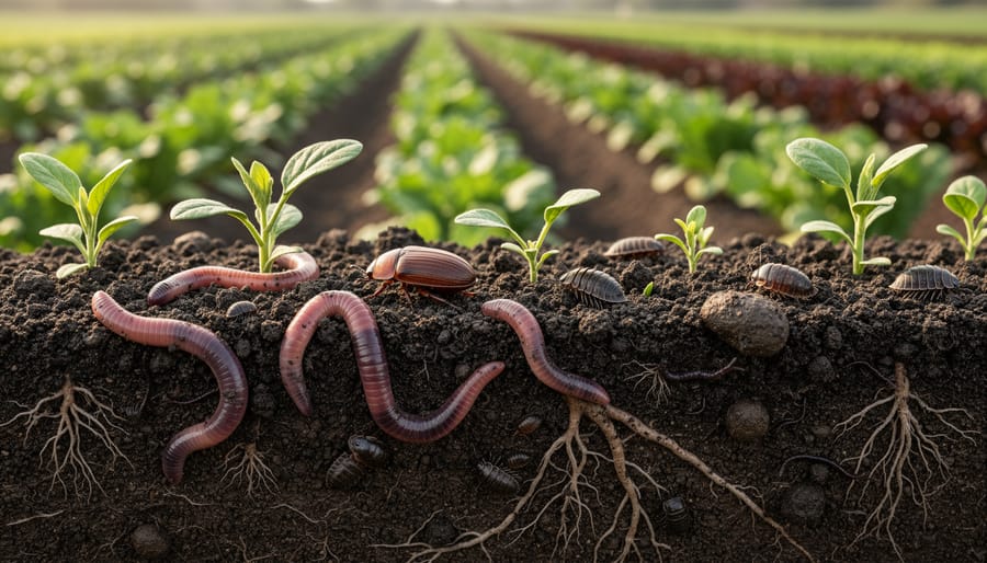 Close-up of rich dark soil with visible earthworms and organic matter held in farmer's hands
