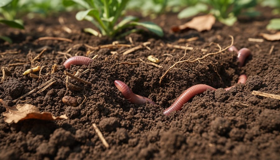 Close-up of rich dark soil with earthworm held in farmer's hands showing healthy organic matter