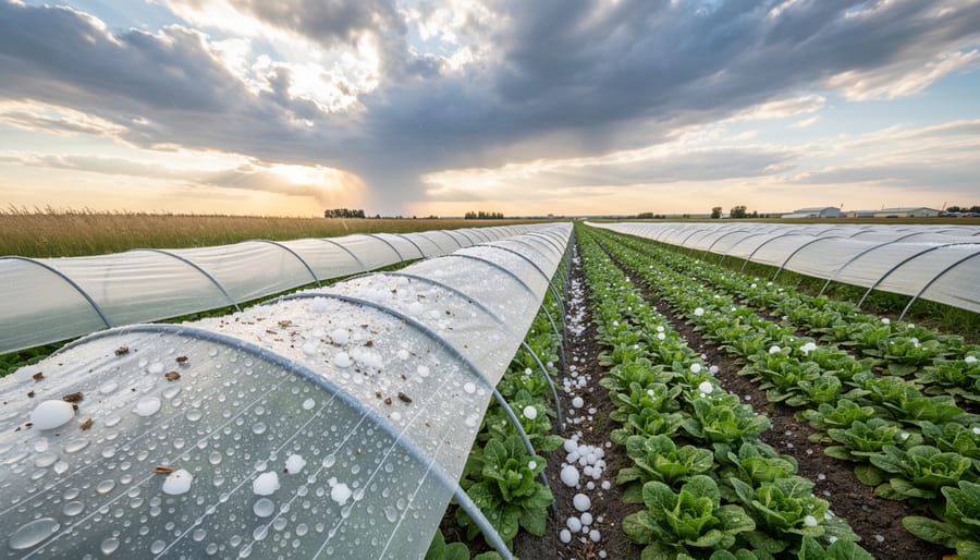 Biodegradable hoop house protecting crops during prairie hailstorm