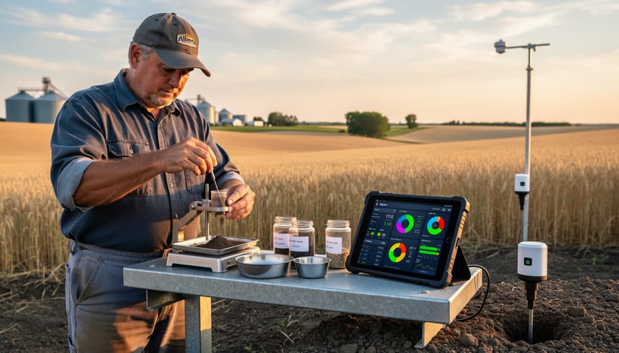 Soil moisture sensor installed in field alongside traditional sampling location