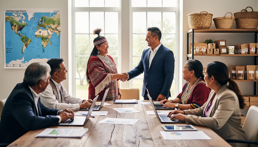Farmer and Indigenous community member shaking hands at farm facility
