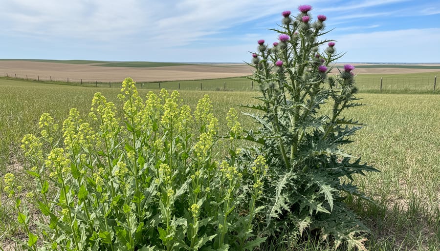 Close-up of leafy spurge and Canada thistle invasive weeds in agricultural field