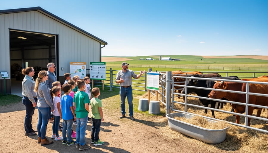 Farm education class learning about livestock and sustainable agriculture in barn setting