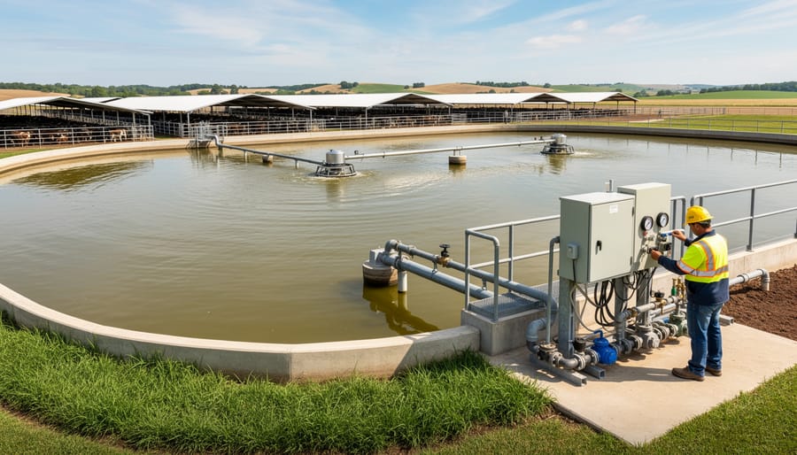 Aerial view of cattle feedlot showing manure management and runoff channels