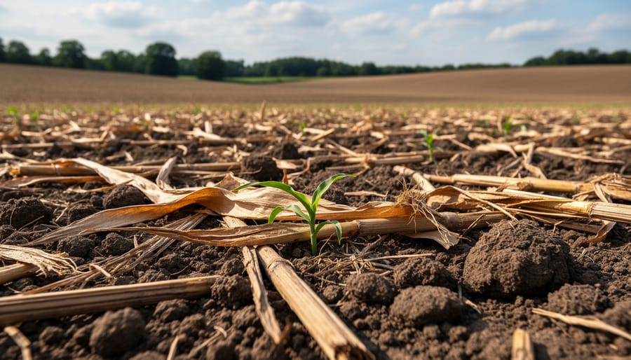 No-till agricultural field with crop residue covering soil between emerging green rows